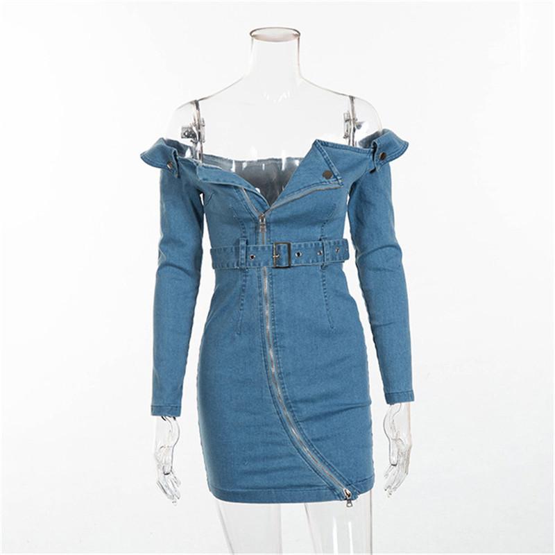 Casual Dresses Women Sexy Jeans Dress Horizontal Neck Long Sleeve Denim Slim Fit High Waist Hip Party Night