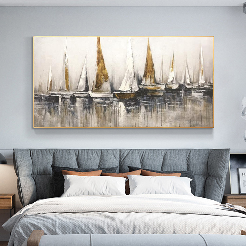 Golden Sailboat Painting Wall Art For Living Room Boat Ship Pictures Canvas Prints Modern Home Decor Oil Painting On Canvas