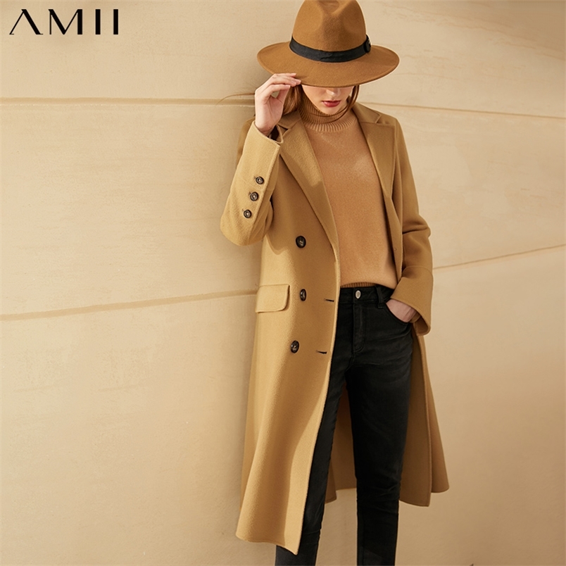 Minimalism Winter Coat Women Fashion Causal 100%wool Solid Lapel Bouble Breasted Double-sided Woolen 12030447 210527