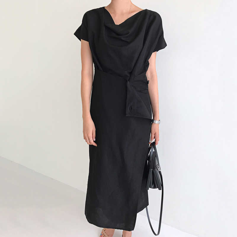 Irregular Midi Dress Women High Waist Sweet Vestidos Pleated Button Office Lady Elegance Summer OL Long 210601