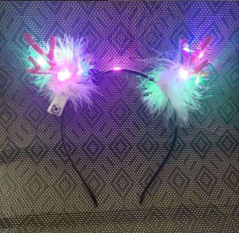 LED Fluffy Feather Antlers Headband Christmas Glowing Light Up Flashing Deer Ears Hairband Costume Fancy Cosplay Party Decor with battery