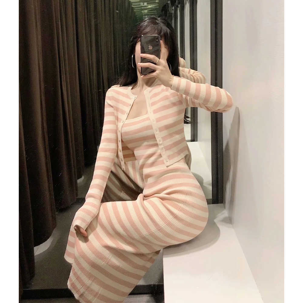 Women Two piece set Striped knitted Cropped cardigan & Sling dress Fashion Casual Cozy Woman 2 piece set Outfits 210709