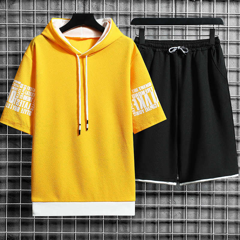 Summer Men Casual Sets Hooded Sweatshirt Harajuku Tracksuit Short Sleeve Print T-shirt+Shorts 2 PCS Jogging Male Sports Suit 210603