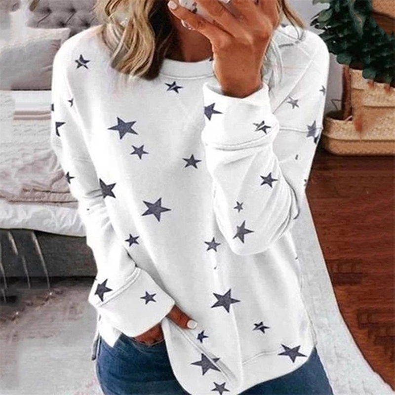 Clothes Women Ropa Mujer Vintage T Shirt Women Round Neck Long Sleeve Star Print Side Split Pullover Sweatshirt Plus Size 210310