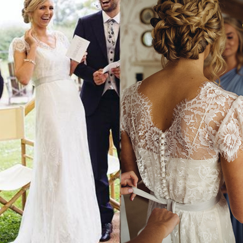 Boho Sheer Lace V-Neck Beach Wedding Dress Cap Sleeves Custom Made A Line Romantic Buttons Rustic Garden Bridal Gowns Long Formal Bride Dresses
