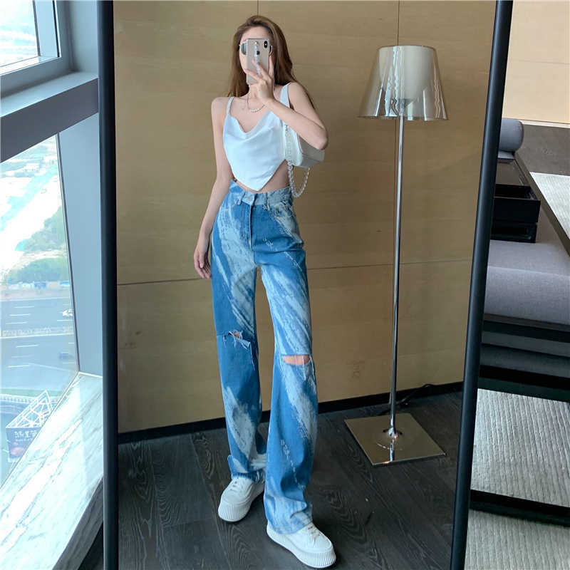 Yedinas 90s Egirl Tiedye Blue Jeans Color Painting Pattern Women Straight Chic Bf Denim Pants Full Length Hole Trousers 210527