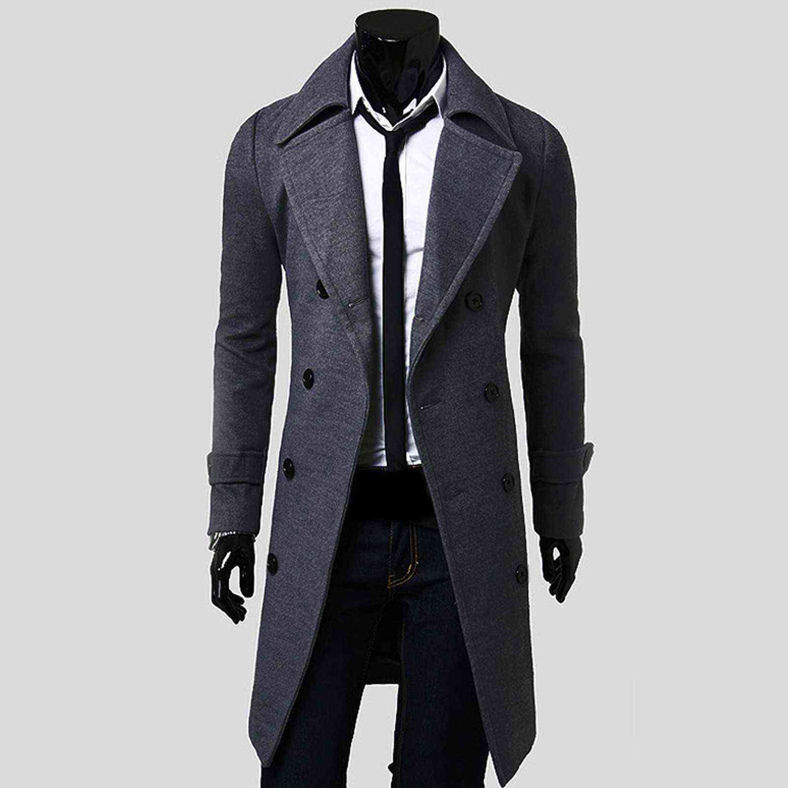 Men's Woolen Fleece Warm Windbreaker Jacket Winter Men Slim Stylish Trench Coat Double Breasted Long Jacket Parka Casual Long 211122