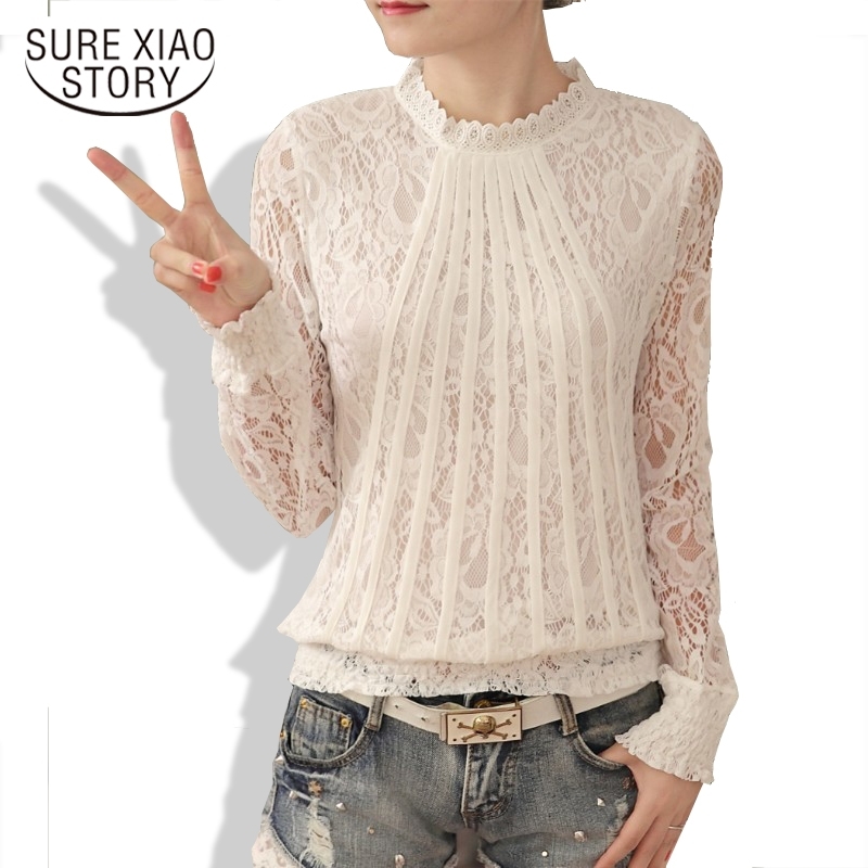 New Fashion Women Blouses White lace Blouse shirt plus size tops Long Sleeve O-neck Casual Lady Blouses Lace tops 61C 25 210225
