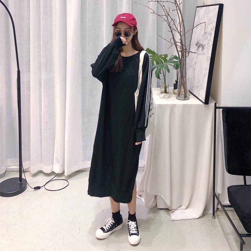Women Autumn Long Hoody Dress Straight Long Sleeve Striped Loose Oversized Casual Split Femme clothes 201103
