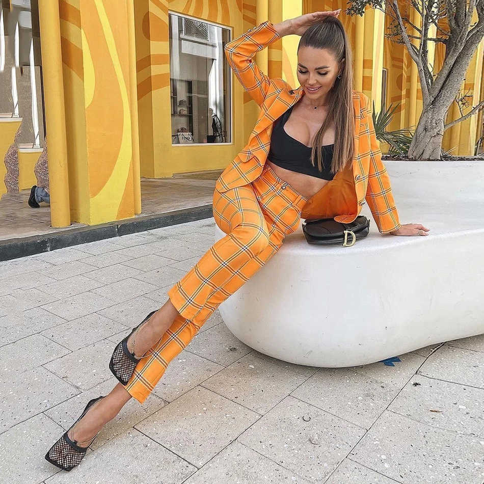 Elegant Plaid Orange Ladies Suit Jacket Long Sleeve Office Pants Casual Fall Summer Two-piece 210527