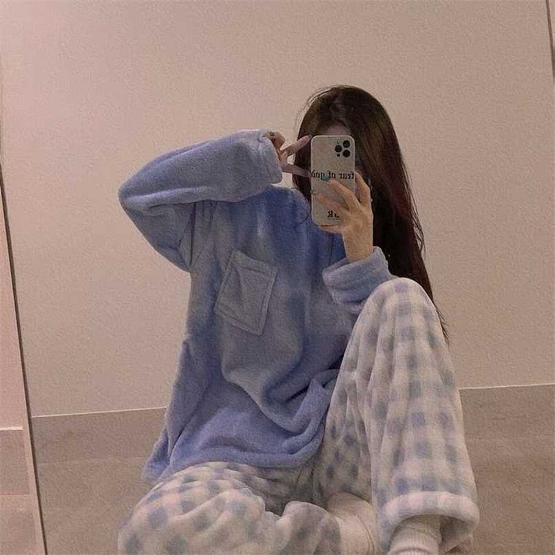 QWEEK Velvet Pajama Woman Winter Korean Style Plaid Pants Flannel Two Piece Home Clothes Pyjamas Trouser Suits Pijamas Sleepwear 211118