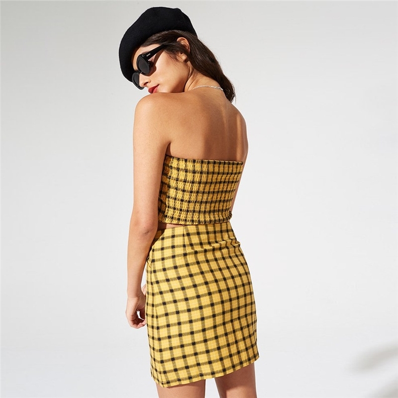 Sexy Plaid summer pencil skirts womens High Waist Two Piece Set Outfits Harajuku Party Beach Mini Skirt and Crop Top Coord Sets