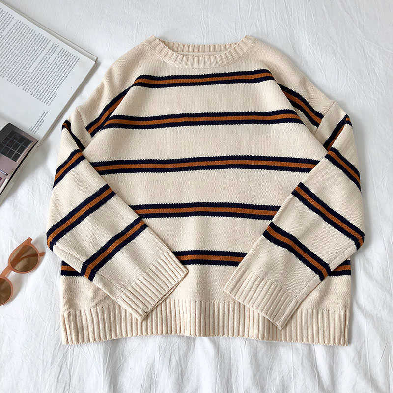 Vintage Stripe Sweaters Women Loose Oversize Korean Style Pullover Top Autumn Winter Long Sleeve Knitted Sweater Femme 210918