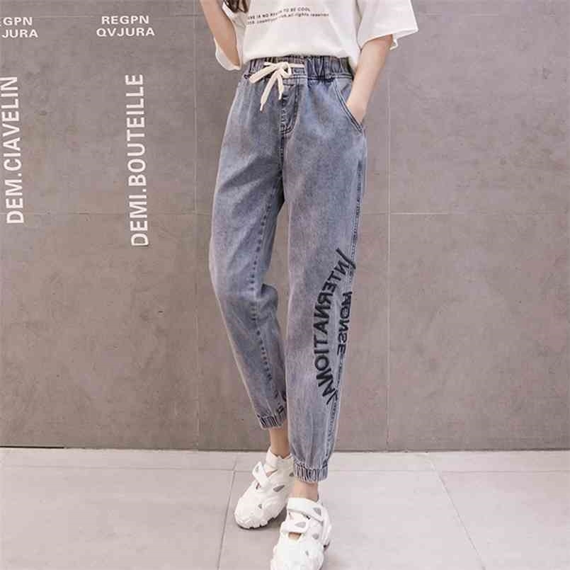 Letter Embroidery Elastic High Waist Denim Ankle Banded Pant Casual Harem Large Size Fashion Trousers 210809
