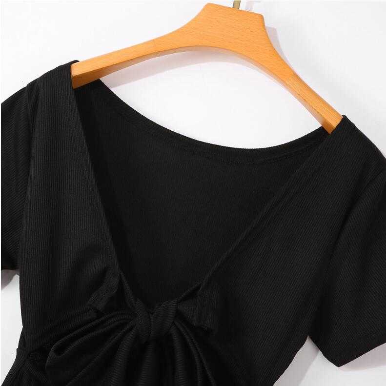 Elegant Backless Bow Slim Wrap Hip Black Dress Women Sexy O Neck Short Sleeve Solid Knitted Party Club Bodycon Mini Summer 210526