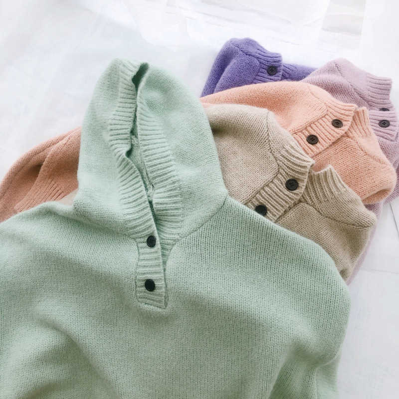 H.SA Women Oversized Hooded Sweater and Jumpers Long Sleeve Knitted Pullovers Button Up Purple Sweater Pull Femme jersey mujer 210716