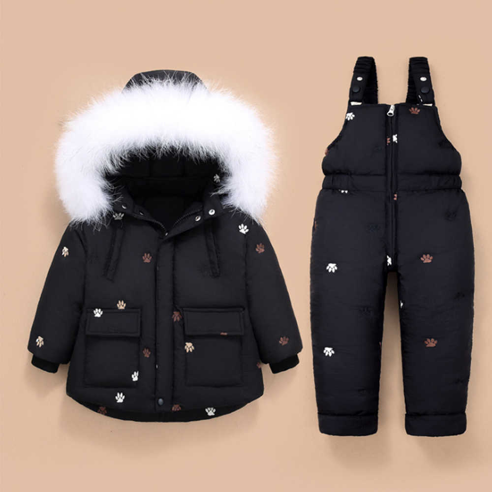 Mudkingdom Baby Girls Winter Down Snowsuit Set Embroidery Overalls Fur Hood Toddler Year Clothing 210615