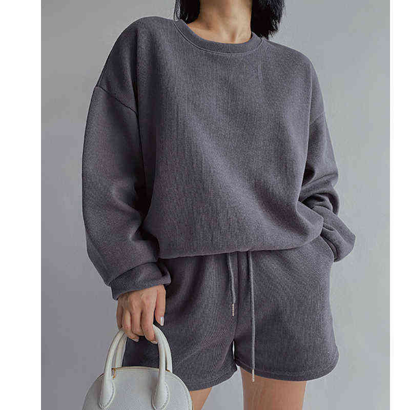 Women High Quality Hoodies Tracksuits 2 Piece Set Summer Autumn Sweatshirt + Sporting Shorts Outfit Solid Pants Suit 211105