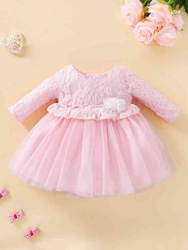 Baby Contrast Lace Stereo Flower Frill Trim Mesh Dress SHE