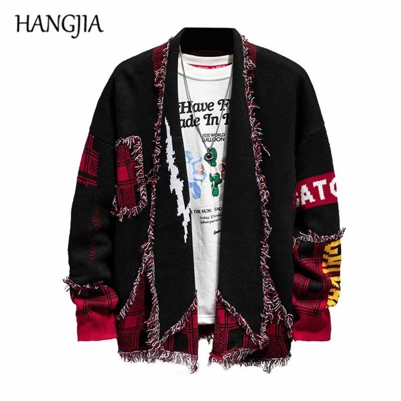 Hip Hop Colorblock Tassel Cardigan Sweater Harajuku Streetwear Patch Cardigans Outwear Men Raw Edges Plaid Knitted Sweaters 211102