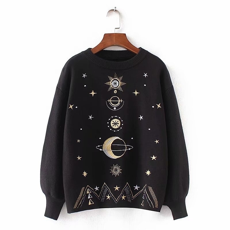Women Fashion Sweater Moon Star Embroidery Knitting Sweaters ONeck Winter Warm Pullover Sweater Casual Girls Tops Sweater T200319