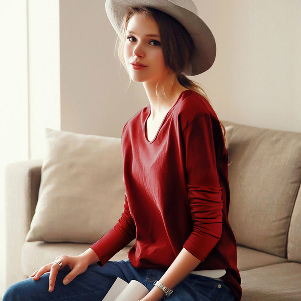 Women Girls Cotton T-shirt Solid Long Sleeve Casual Tee Plus Size Undershirt Atacado Roupas Femininas Lady Clothes Tees & Tops 210302