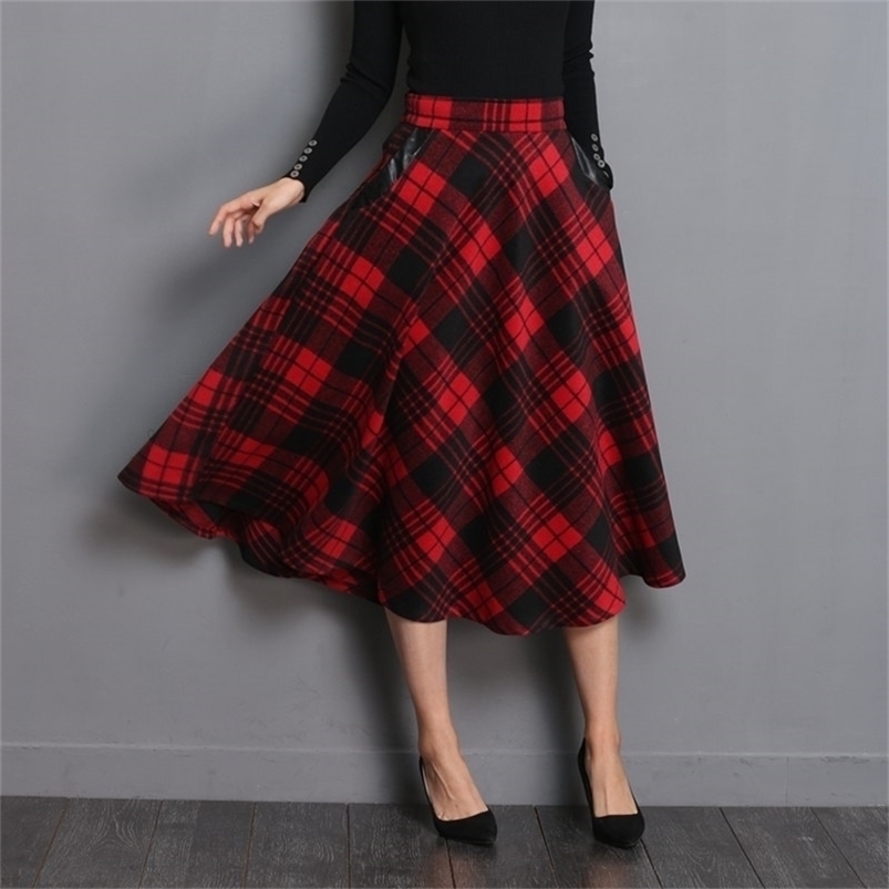 Neophil England Style Red Plaid High Waist Midi Skirts Woolen Plus Size 3XL A Line Pleated Winter Women Tartan S1735 210621