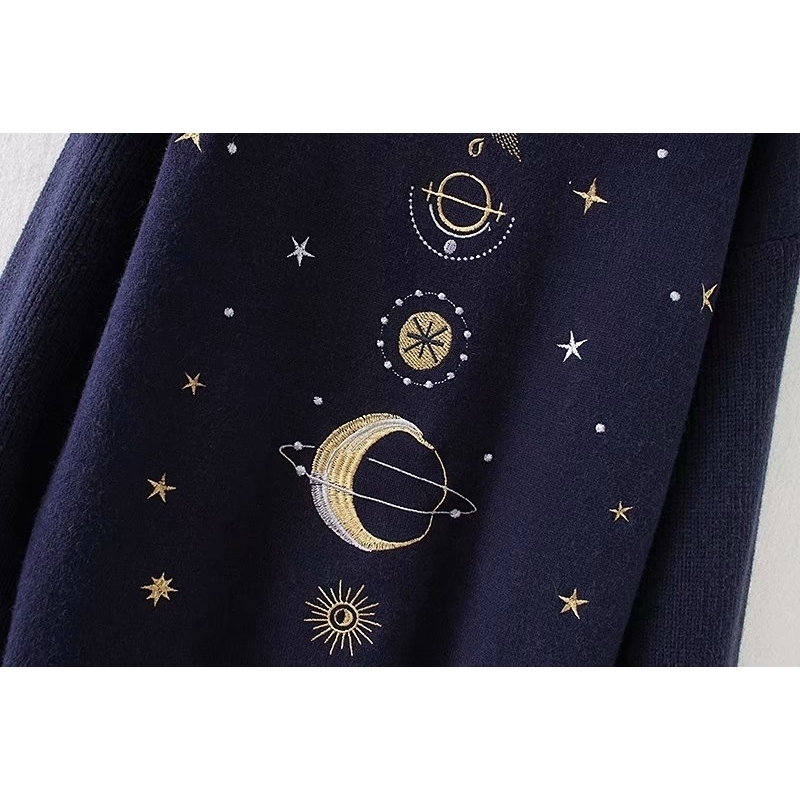 Women Fashion Sweater Moon Star Embroidery Knitting Sweaters ONeck Winter Warm Pullover Sweater Casual Girls Tops Sweater T200319