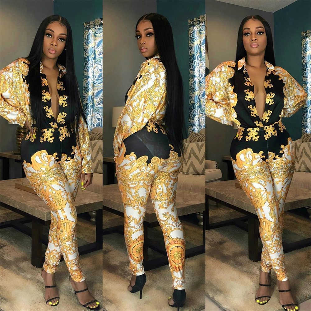 Colorblock Print Plunge Jumpsuit Autumn Long Sleeve Rompers Womens Blouse Dodysuit+pants 2 Piece Jumpsuit Combinaison Femme Y0625