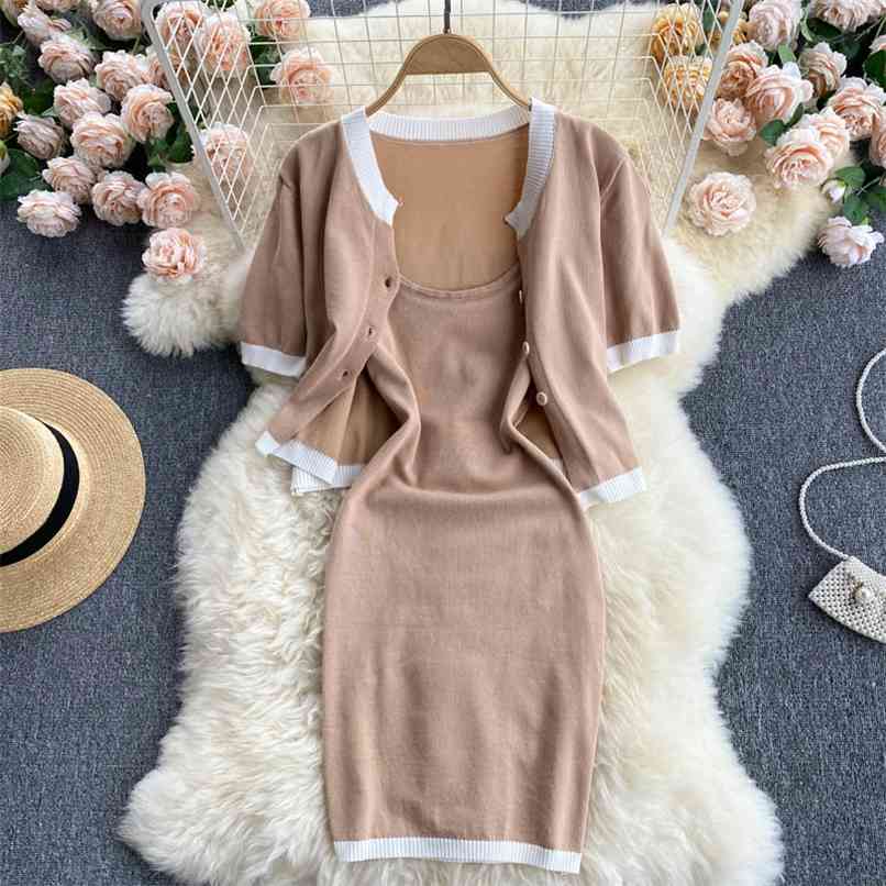 Elegant Suit Female Summer Short Sleeve Knitted Cardigan Tops Coat and Sheath Sling Dress Two piece set Women 210602, Khaki
Elegant Suit Female Summer Short Sleeve Knitted Cardigan Tops Coat and Sheath Sling Dress Two piece set Women 210602, Khaki