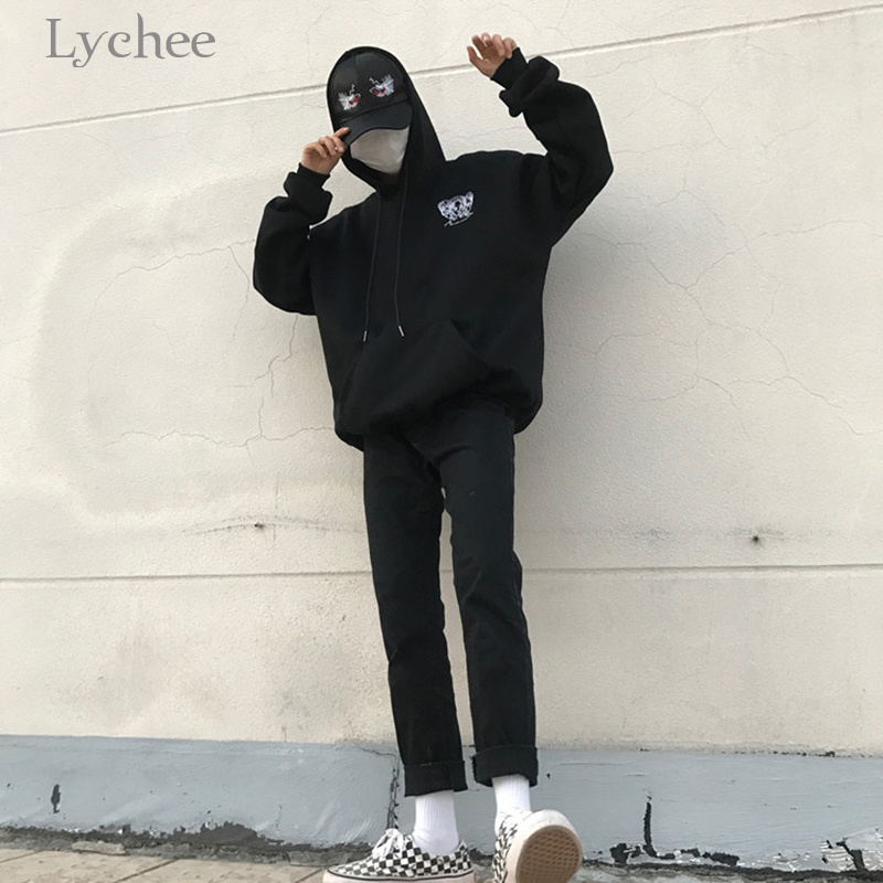 Lychee Harajuku Punk Autumn Winter Women Hooded Sweatshirt Head Embroidery Long Sleeve Casual Loose Fleece Hoodies Tracksuit 201030