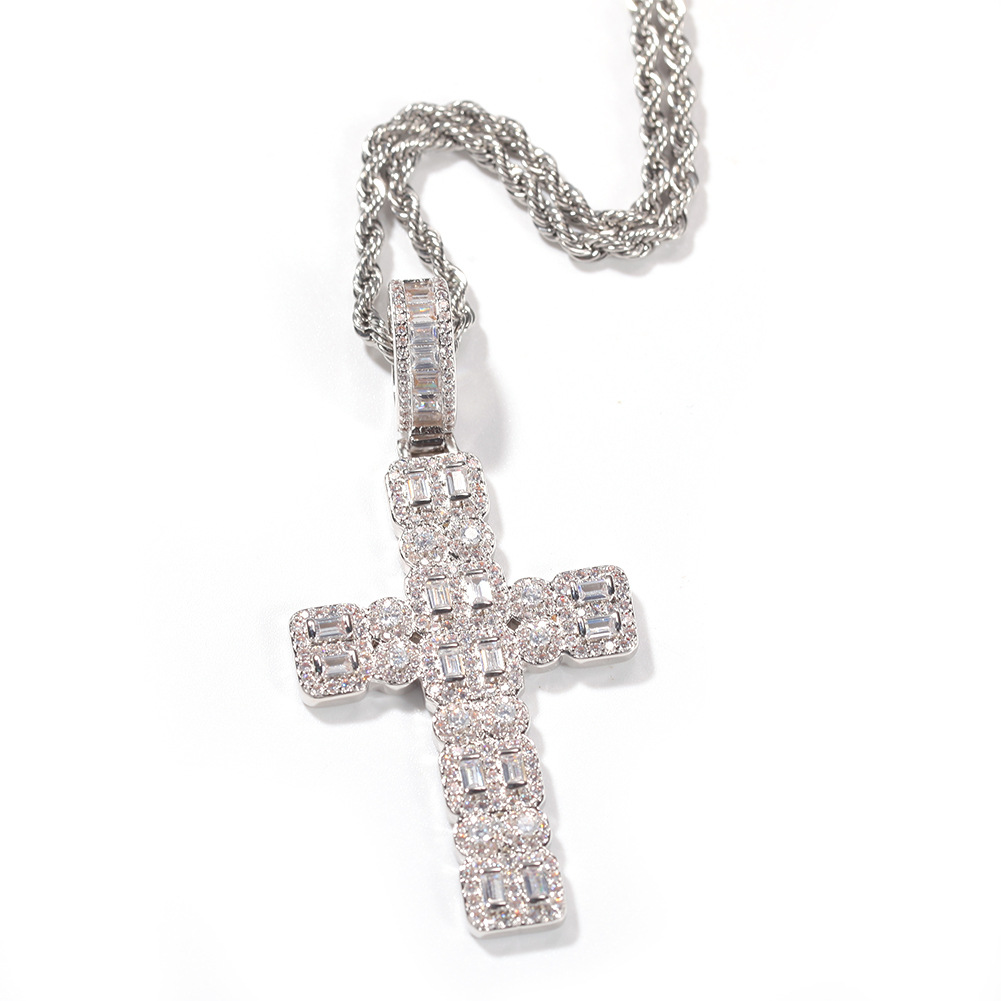 Hip Hop Cross Pendant Necklace Bling 18K Real Gold Plated Shining Crystal Zircon Religious Jewelry Men Women Gift