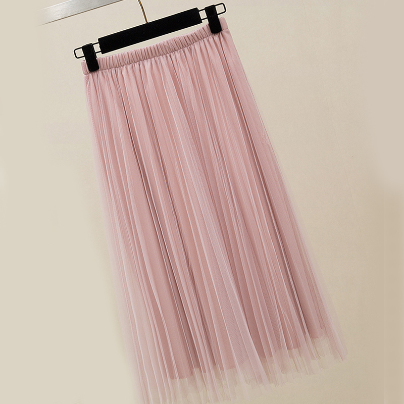 Zoki Women Tulle Skirt Elastic High Waist Mesh Spring Summer Fashion Long Skirt A Line Black Girl Korean Pleated Faldas 210306
