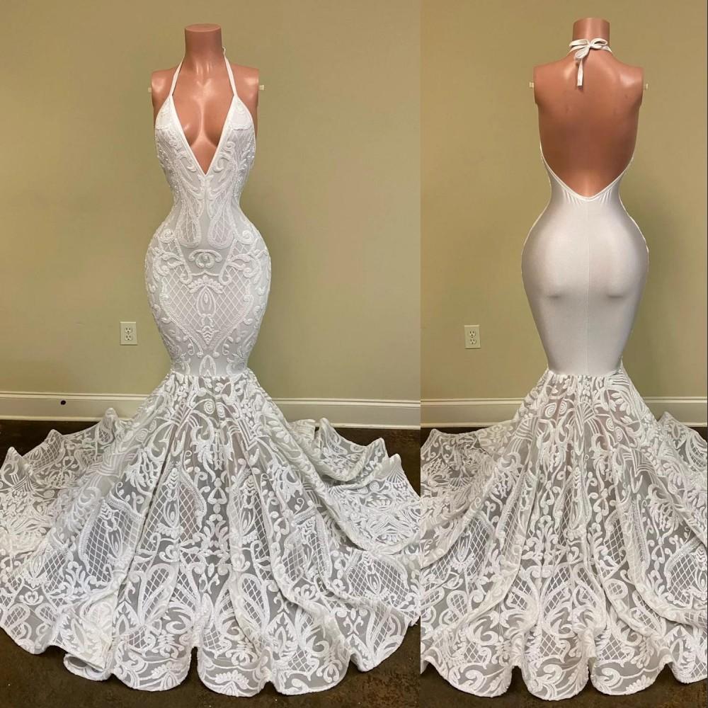 Sexy White Mermaid Evening Dresses Deep V Neck Halter Full Lace Beads Prom Dress Sleeveless Open Back Formal Party Second Reception Gowns Robe de mari