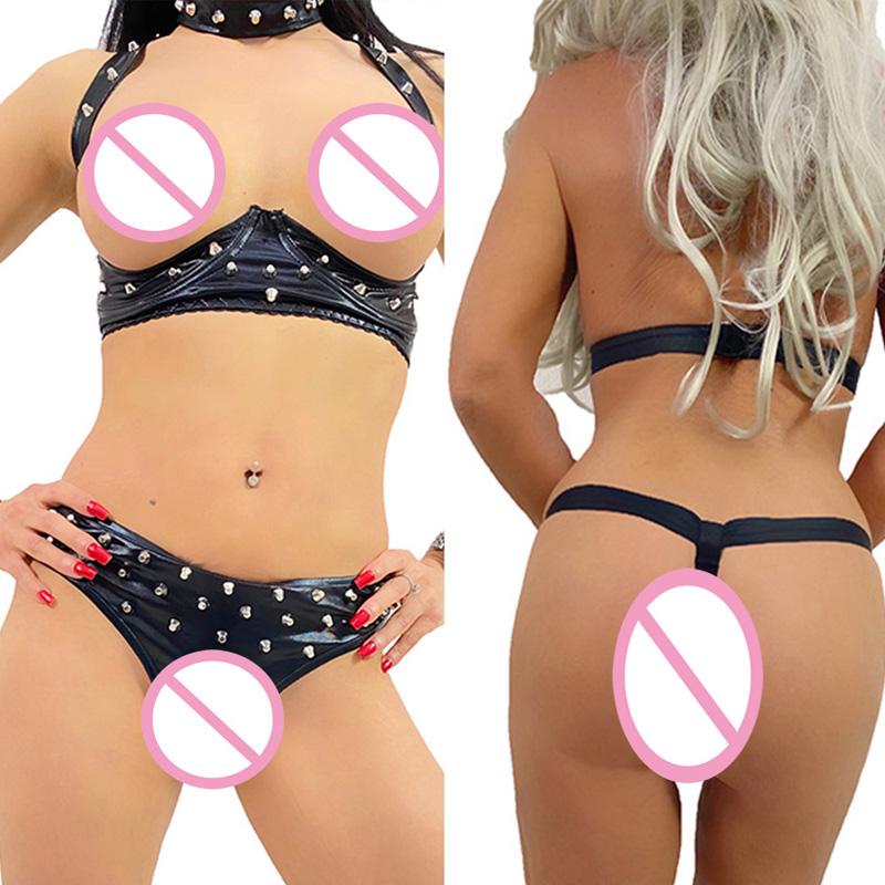 Bras Sets Women Black Sexy Rivet Vinyl Lingerie Set Leather Punk Style Halter Nightwear Cupless Bra Novelty With Panties Underwear, Red;black
Bras Sets Women Black Sexy Rivet Vinyl Lingerie Set Leather Punk Style Halter Nightwear Cupless Bra Novelty With Panties Underwear, Red;black