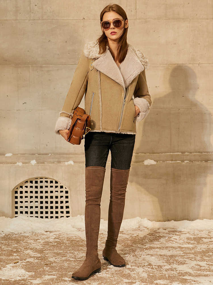 Minimalism Winter Double-faced Fur Women's Coat Fashion Lapel Thick Zipper Full Sleeve Short Female Jacket 12070611 210527