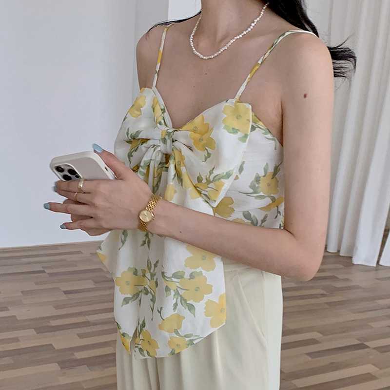Bow Decoration Flower Print Camisole for Women Fashion Sweet Fresh Cute Patchwork Vests Elegant Temperament All-match Woman Tops 210525