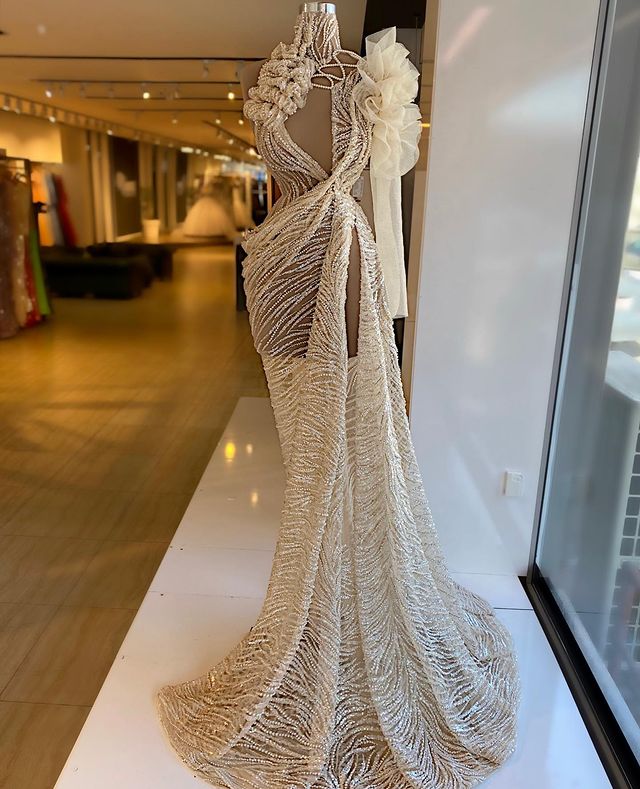 Aso Ebi 2021 Arabic Stylish Luxurious Lace Evening Dresses High Neck Beaded Prom Dresses High Split Formal Party Second Recepiton Gowns ZJ66