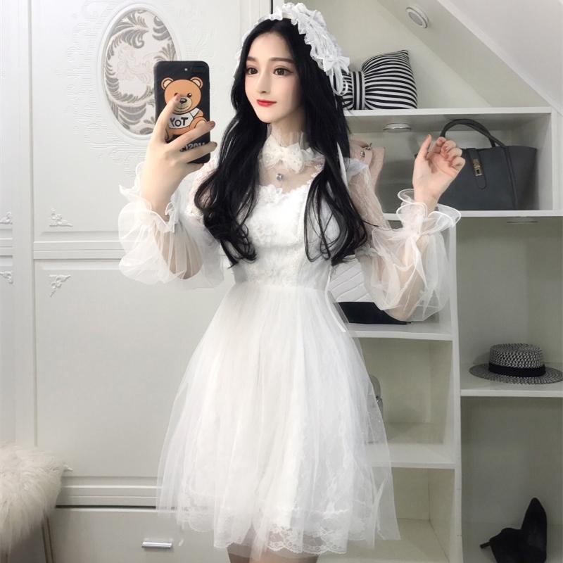 Casual Dresses Sweet Women Lace And Mesh Dress Lantern Sleeve Mori Girl White Vestido Navidad Mujer, Black dress
Casual Dresses Sweet Women Lace And Mesh Dress Lantern Sleeve Mori Girl White Vestido Navidad Mujer, Black dress