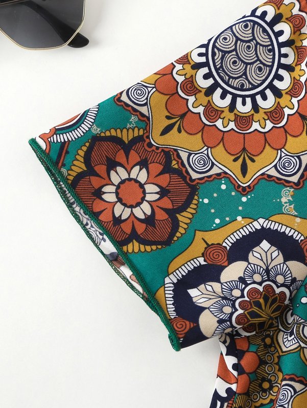 Girls Mandala Print Overlap Collar Ruffle Hem Dress SHE