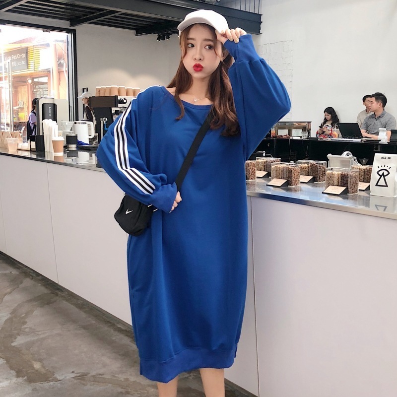 Women Autumn Long Hoody Dress Straight Long Sleeve Striped Loose Oversized Casual Split Femme clothes 201103