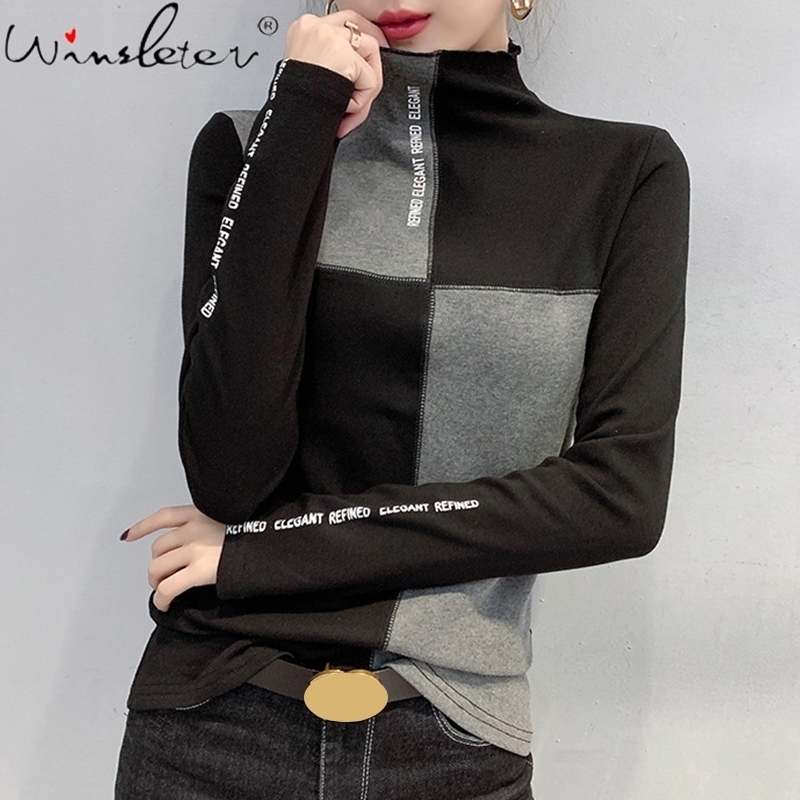 New Women Spring/Autumn Slim T-Shirt Patchwork Bottoming Long Sleeve Casual Korean Minimalist Triko Top Tees Sanded T07833B 210310