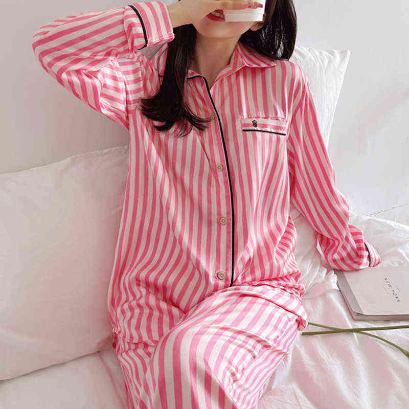2 Piece Set Winter Pajama for Women Long Striped Elegant Sleepwear Pyjamas Satin Silk Lounge Pjamas Home Clothes Christmas Gift 211112wtt