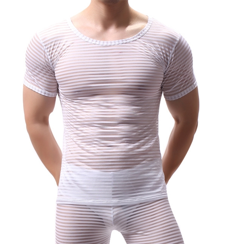Mens Transparent Sexy Mesh T Shirt See Through Striped Short Sleeve Muscle Sleep Undershirts Nightclub Perform Top Tees 210629
