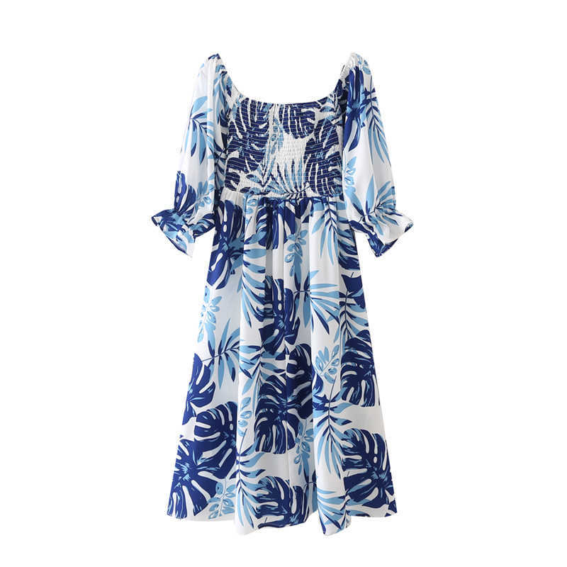 Summer Women Vintage Printed Dress Fashion Off Shoulder Sleeves Smocked Midi Boho Dresses Woman Robe 210709