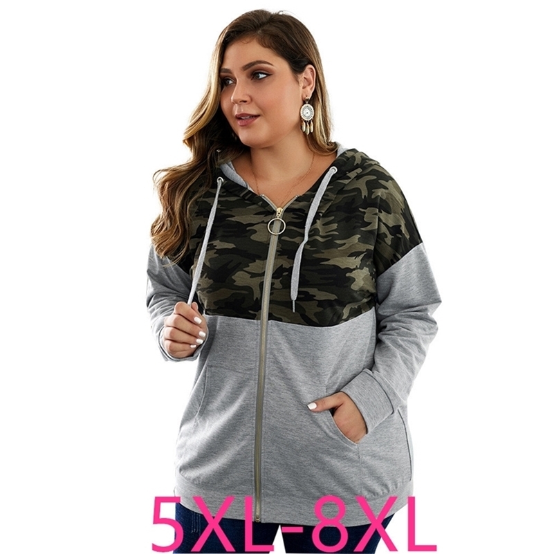 

autumn winter plus size hoodies coat for women large casual loose long sleeve pocket camouflage gray coats 5XL 6XL 7XL 8XL Y200917, Black