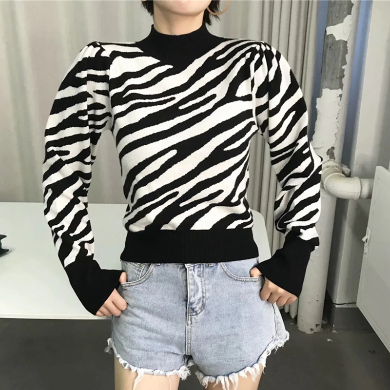autumn casual zebra print long puff sleeve women knitted pullover chic lady fashion turtleneck animal print sweater women's tops 210218