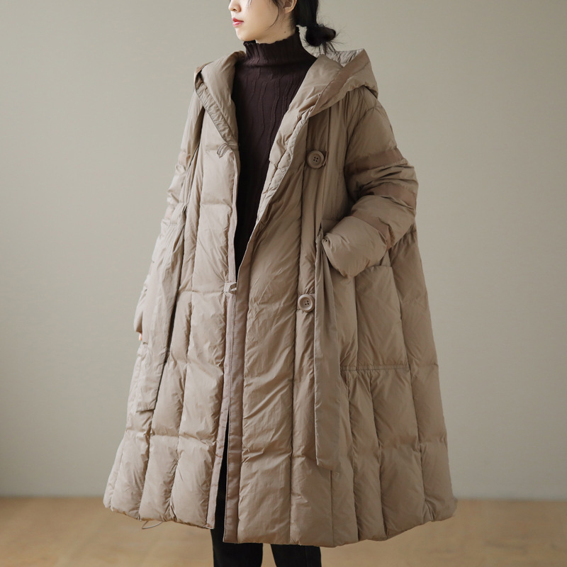 down jacket 2021 winter solid color two button lace up long 90 white duck loose sleeve hooded warm, Black
down jacket 2021 winter solid color two button lace up long 90 white duck loose sleeve hooded warm, Black