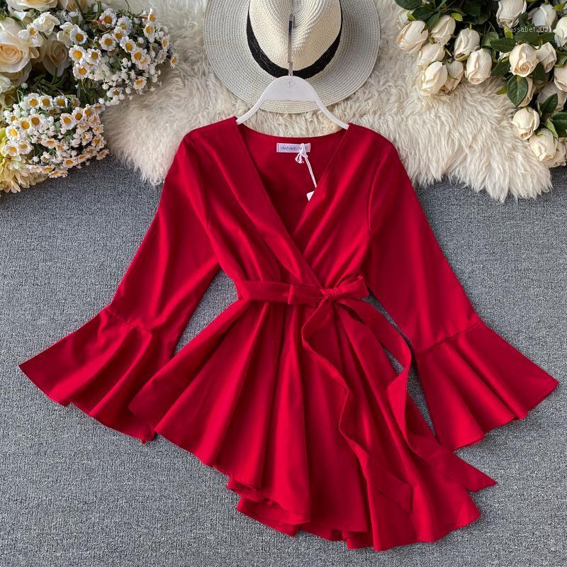 Womens Blouses Shirts 2021 Spring Chic V-neck Flare Sleeve Chiffon Irregular Blouse Womens Elegant Ruffles Shirt Lace-up Waist Tops Cloth