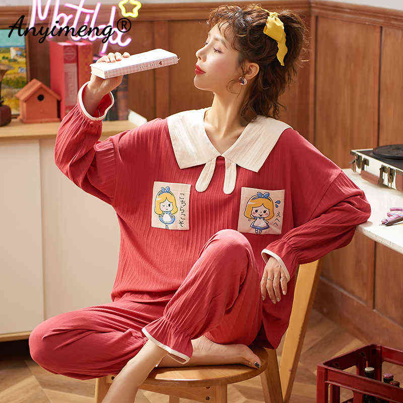 Navy Lapel Kawaii Pj Cotton Korean Style Fashion Pajamas for Young Ladies Teenager Student Girls Autumn Winter Home Clothing 211118